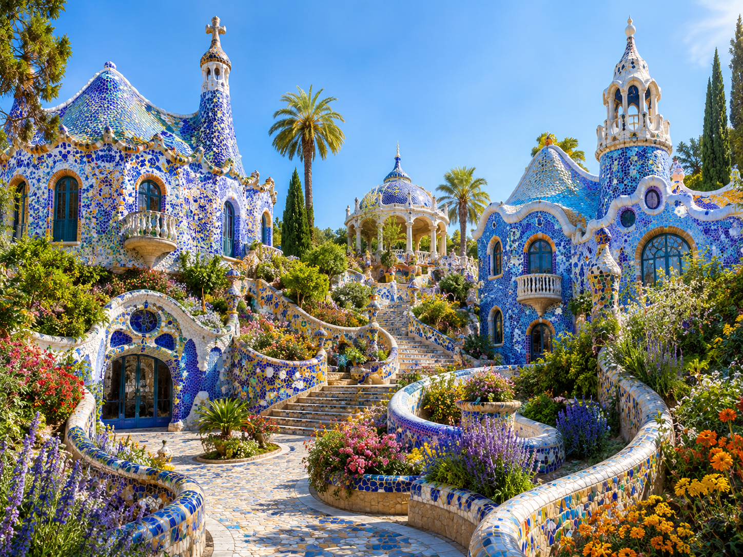 blue buildings and gardens gaudi style