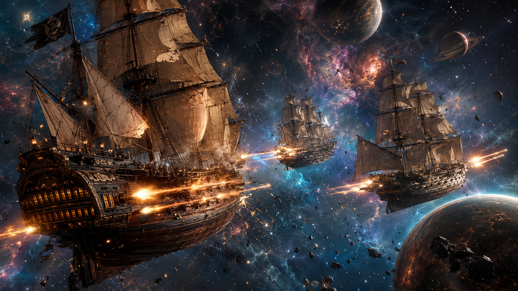 clipper ships having a battle in space
