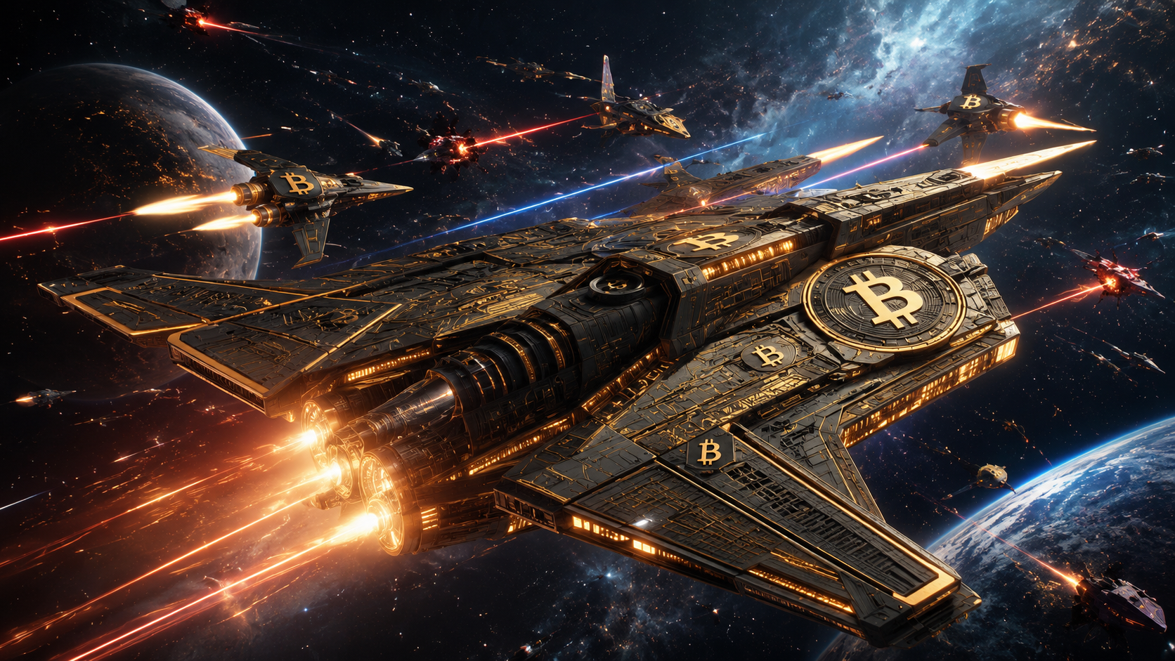 star wars space dogfight but with bitcoin spaceshi
