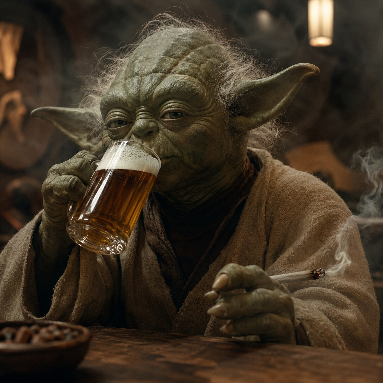 photorealistic yoda drinking beer and smoking a jo
