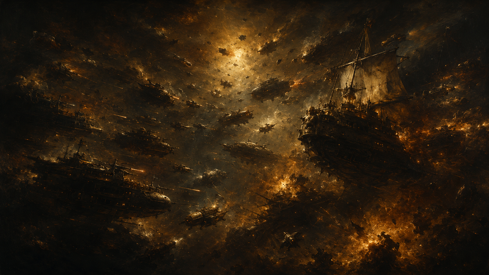 massive space battles in the style of rembrandt