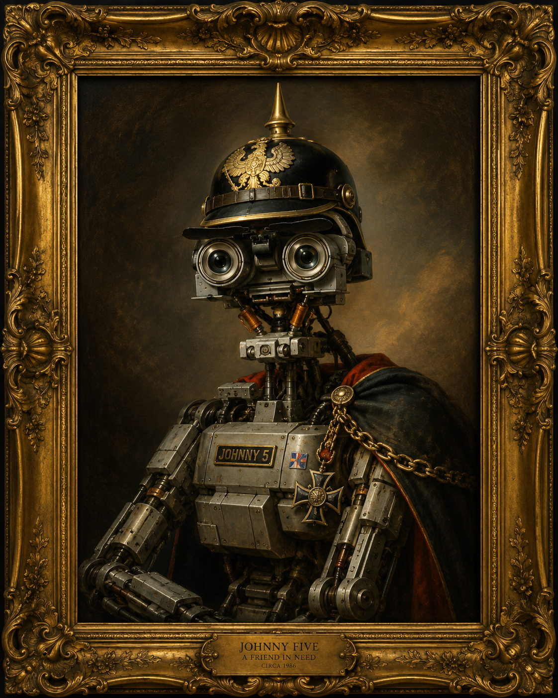 johnny five robot wearing a german helmet renaissa