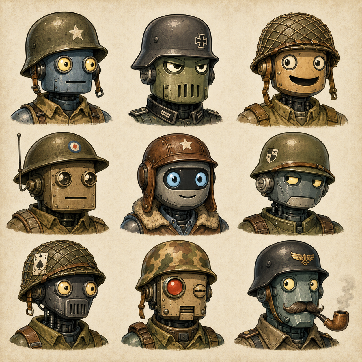 cartoon portraits of robots wearing world war two