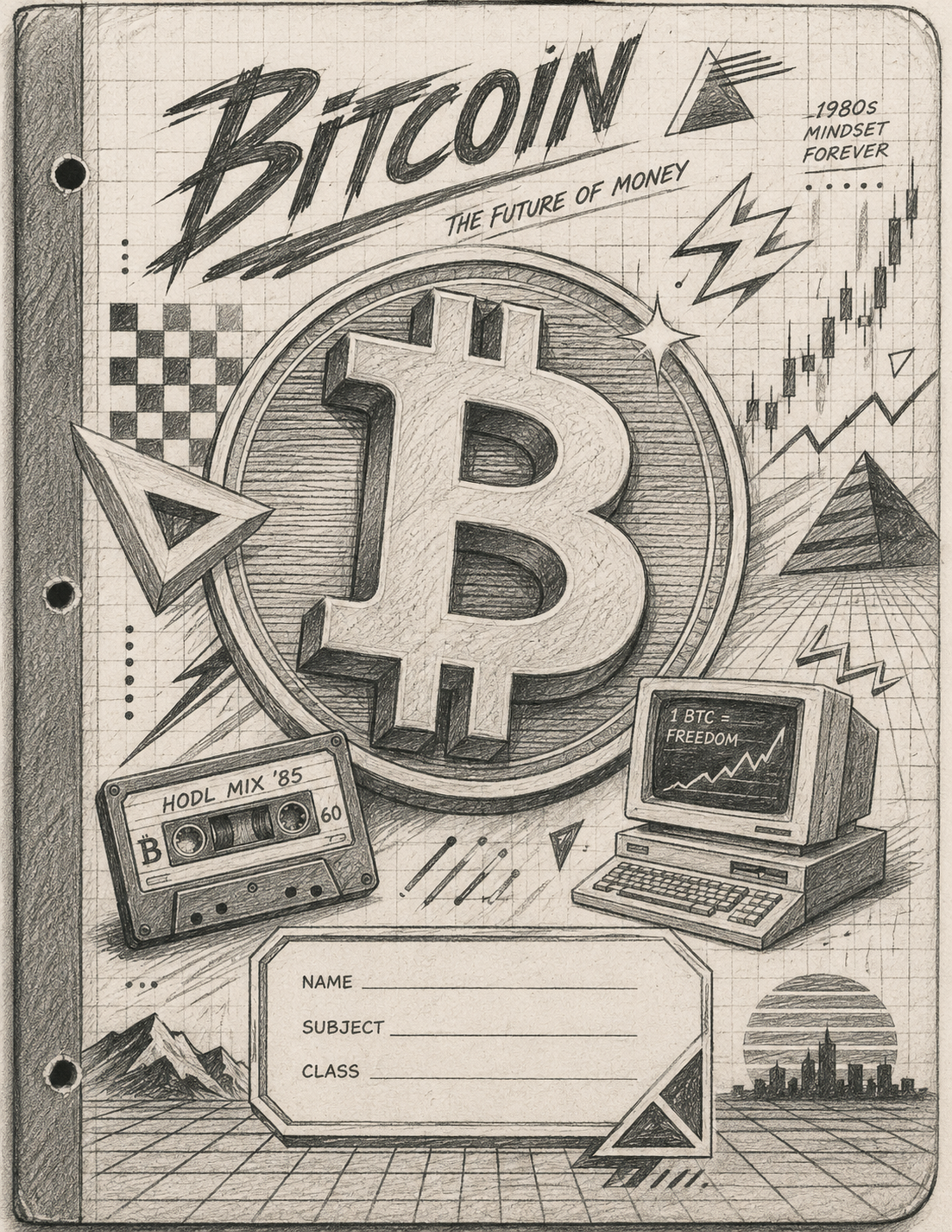 pencil art 1980s bitcoin notebook cover