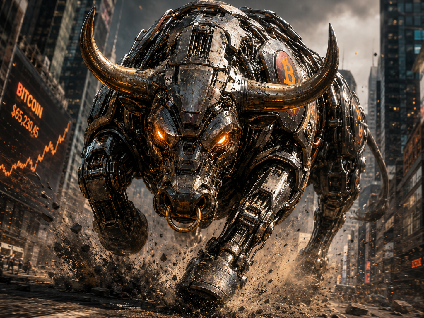 large mechanical robotic bull with a bitcoin logo