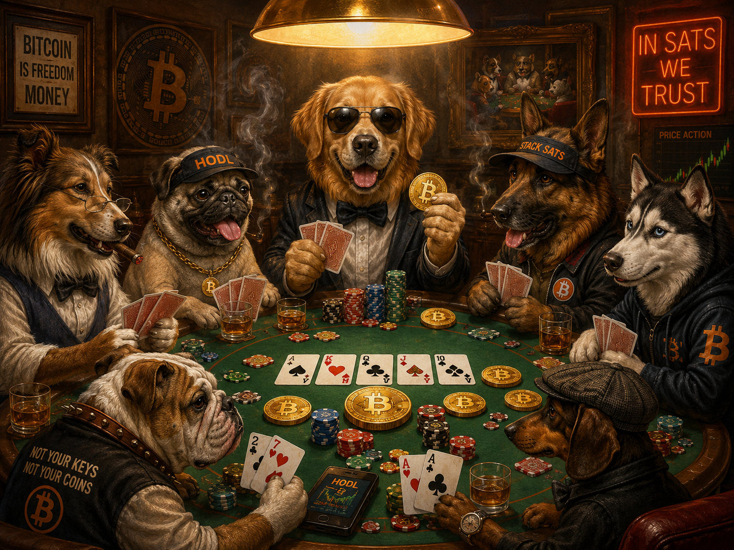 dogs playing poker with bitcoin