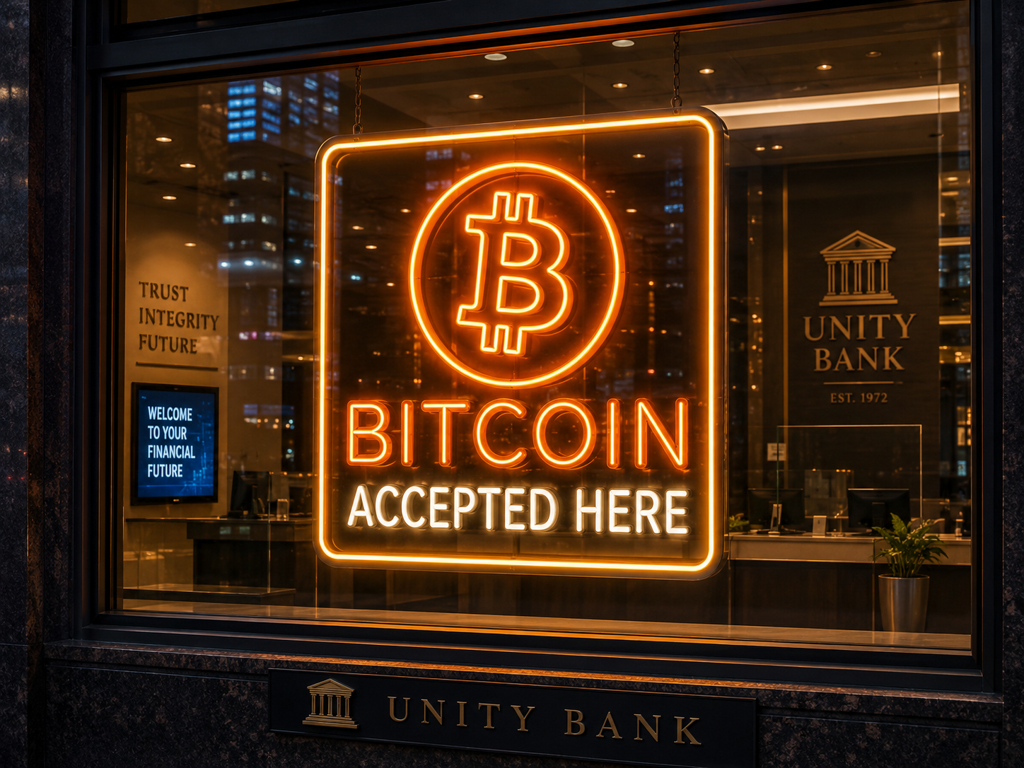 neon bitcoin accepted here logo inside bank window