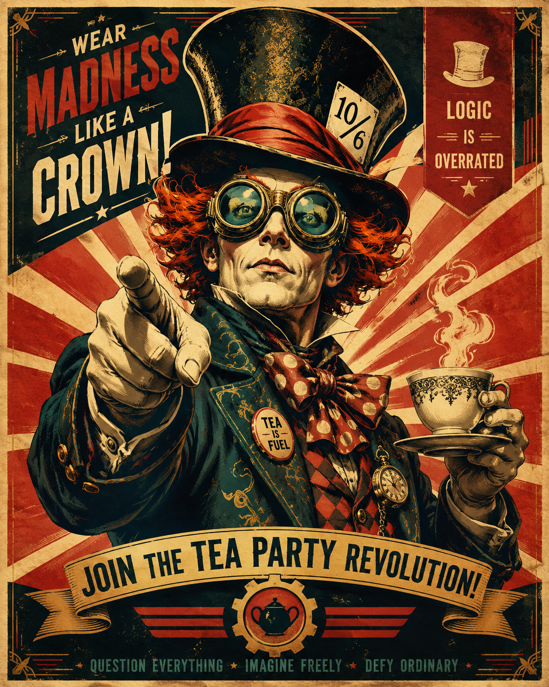 mad hatter with fly goggles in propaganda poster s