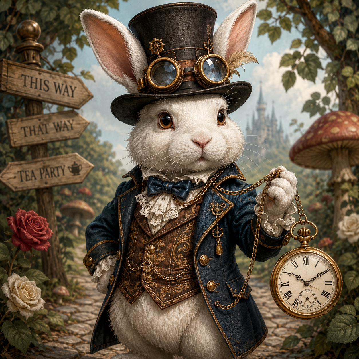 white rabbit with pocketwatch wearing fly goggles