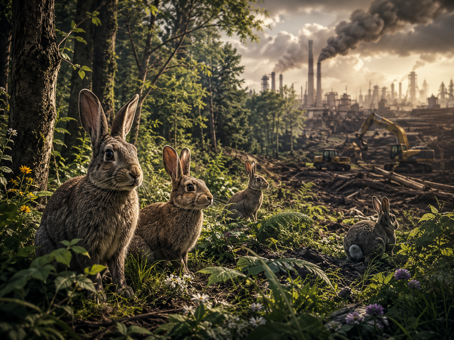 rabbits and forest background threatened by indust
