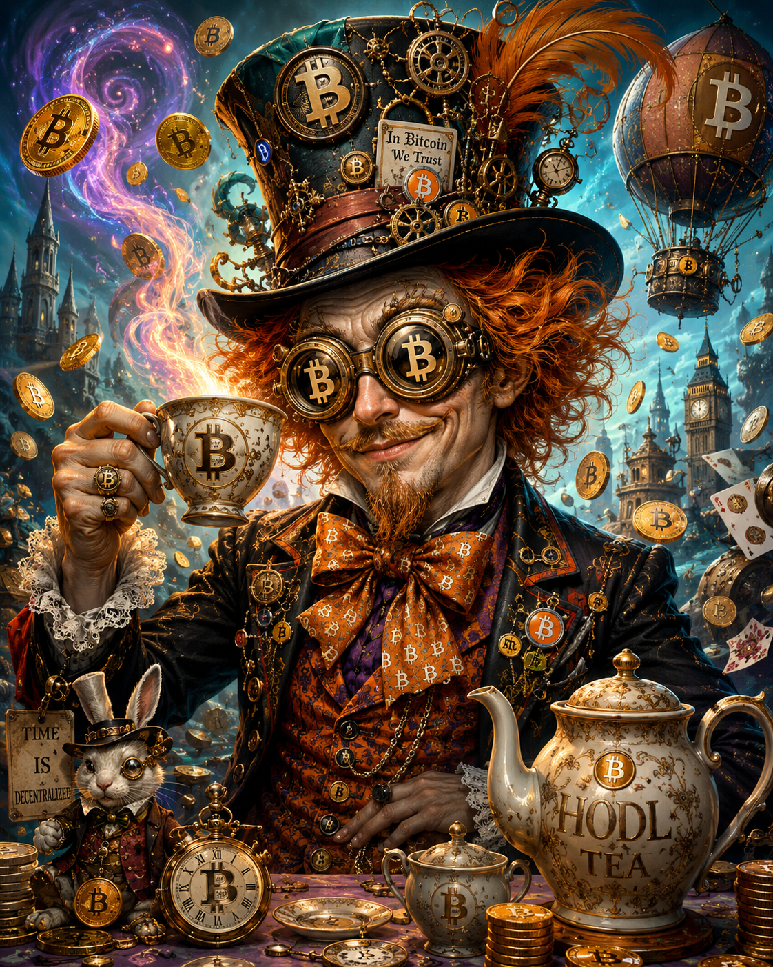 the mad hatter of bitcoins wearing fly goggles
