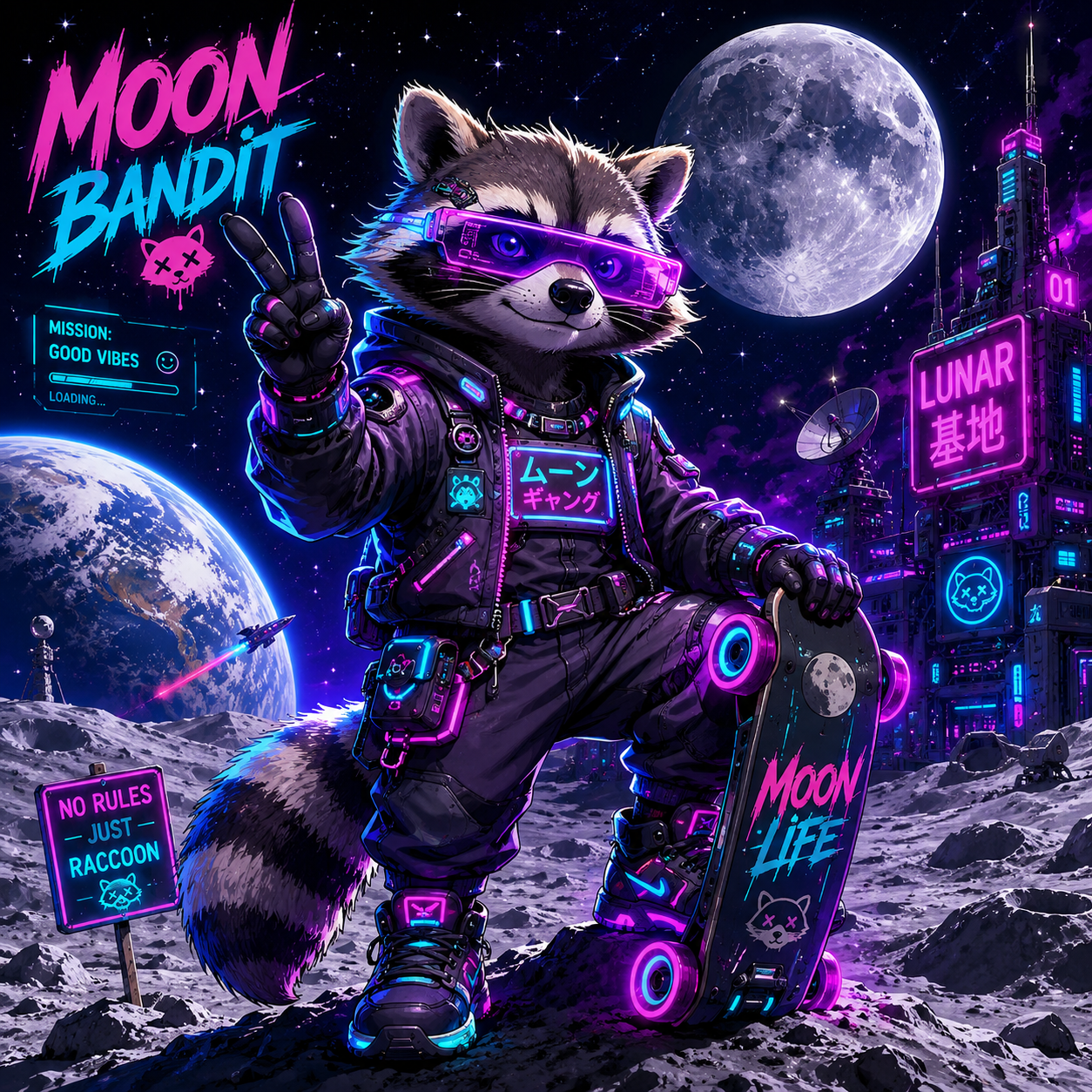 cyberpunk cartoon racoon moon