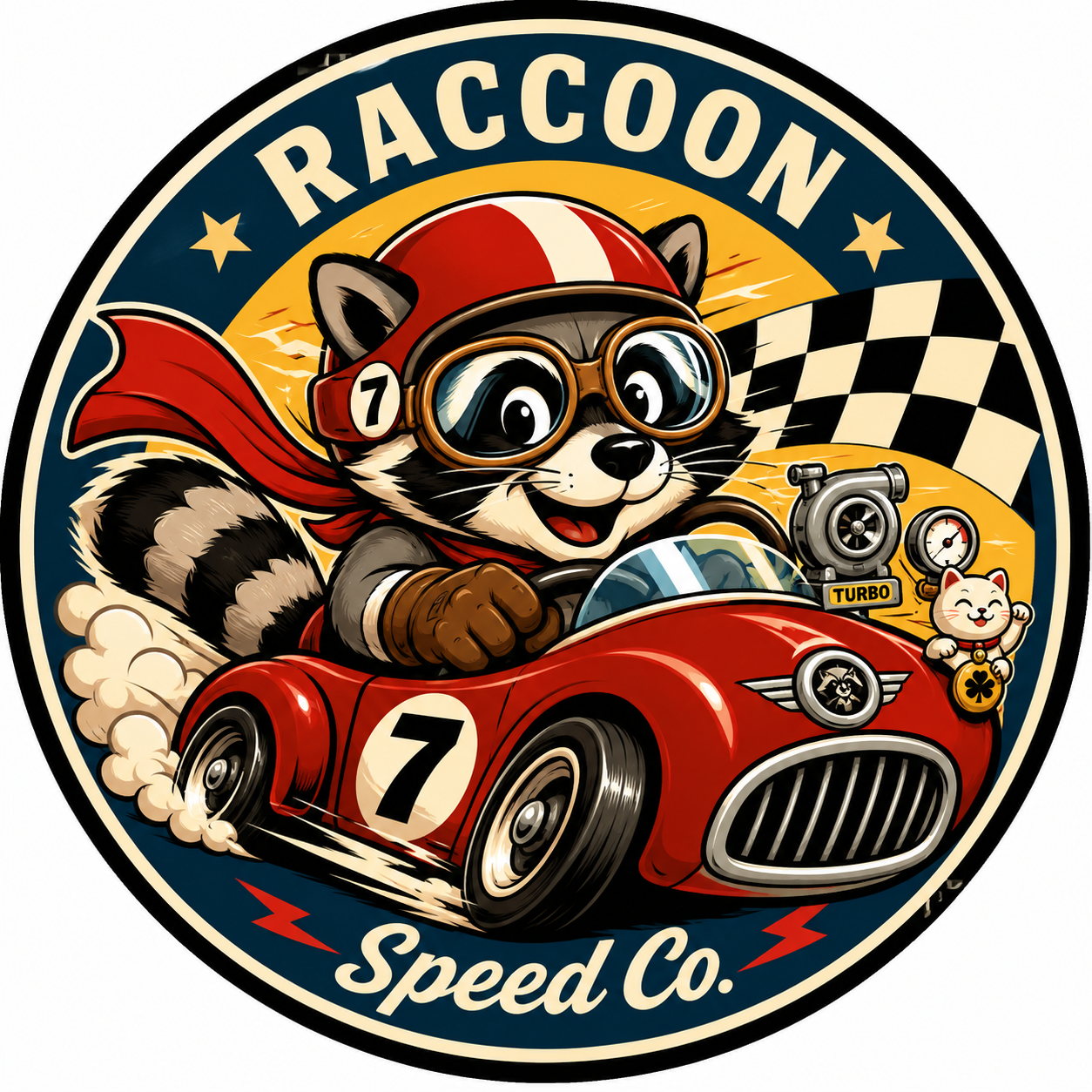 a racoon version of speedracer in a circle for a l