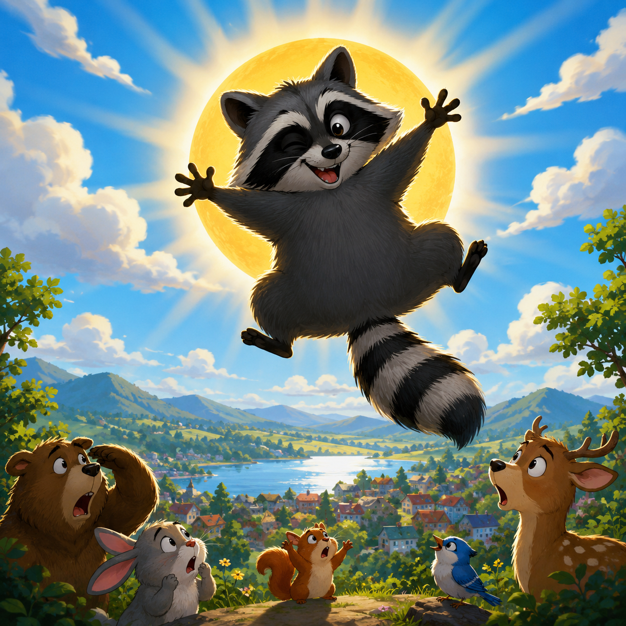cartoon racoon blocking out the sun
