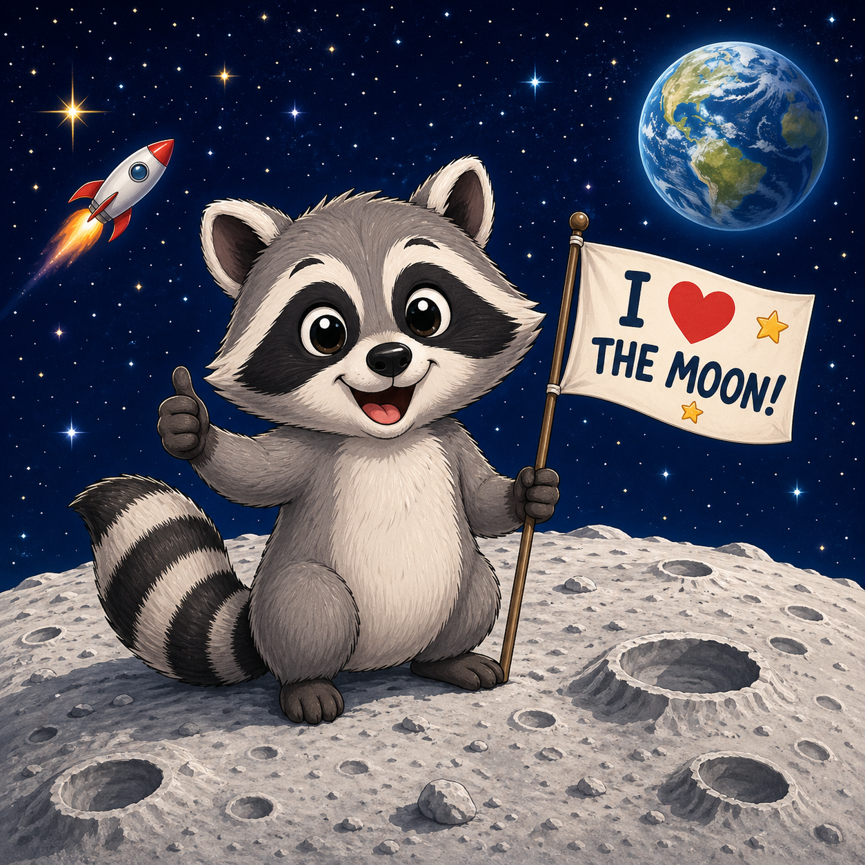 cartoon racoon on the moon