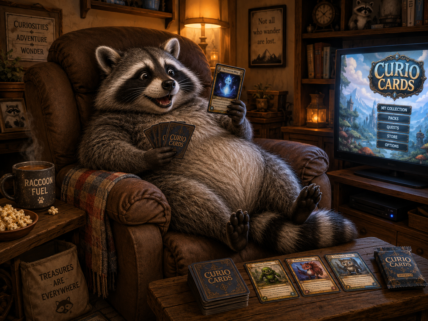 fat raccoon sitting in. recliner watching tv and p
