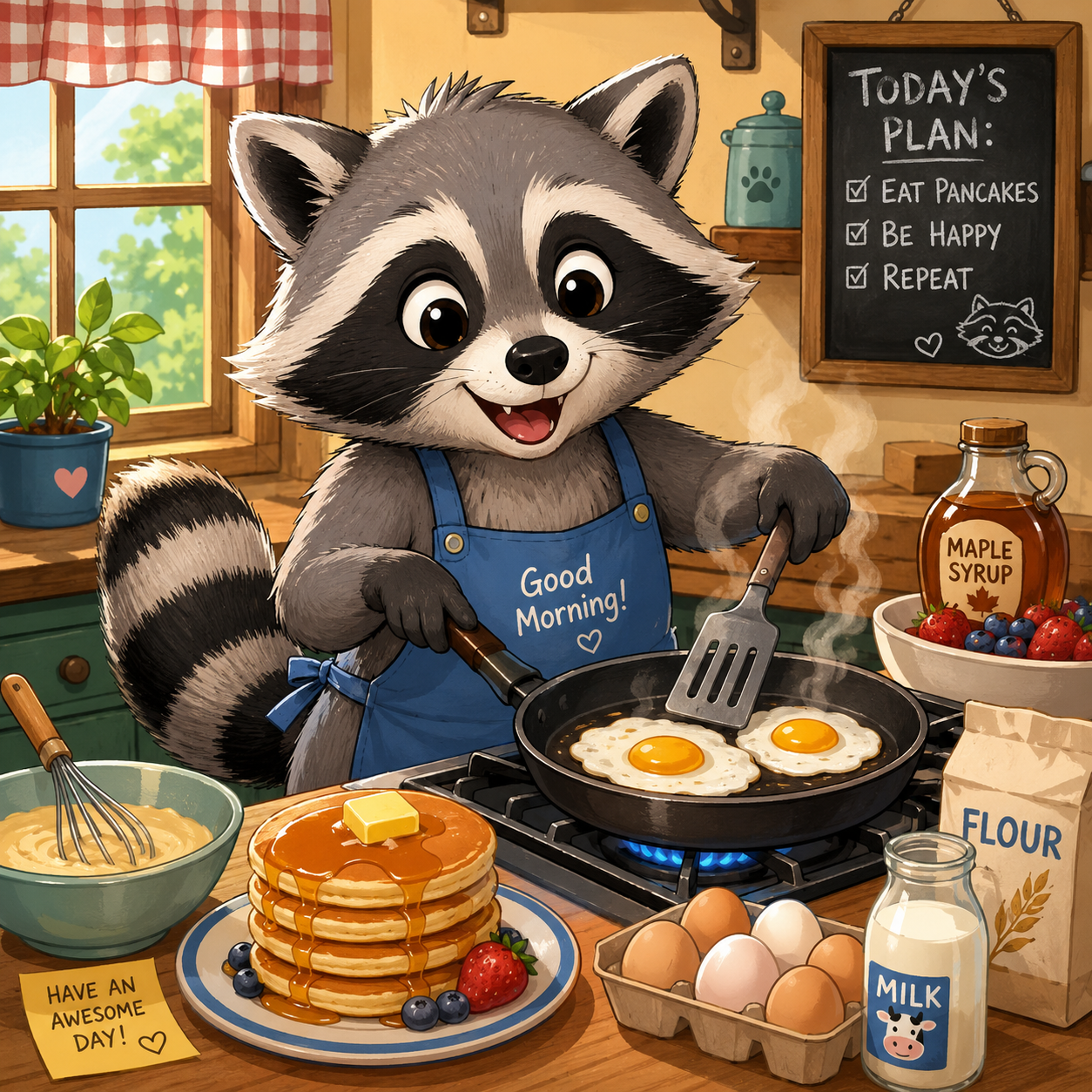 cartoon racoon making breakfast