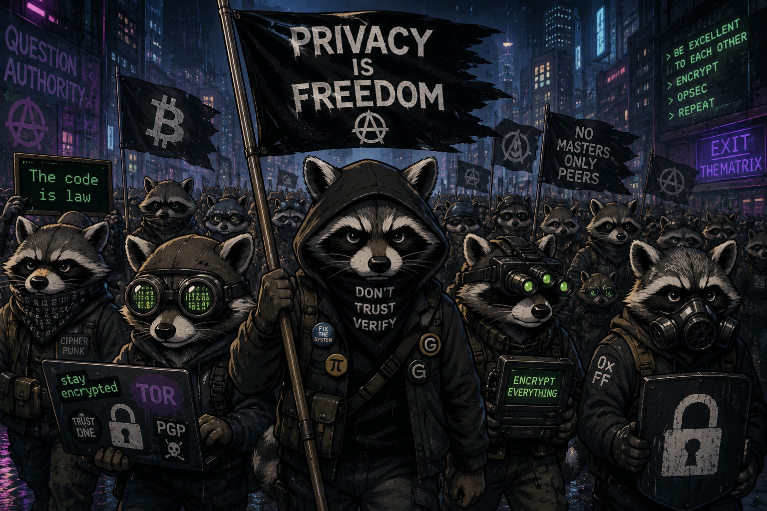 army of cypherpunk cartoon racoons