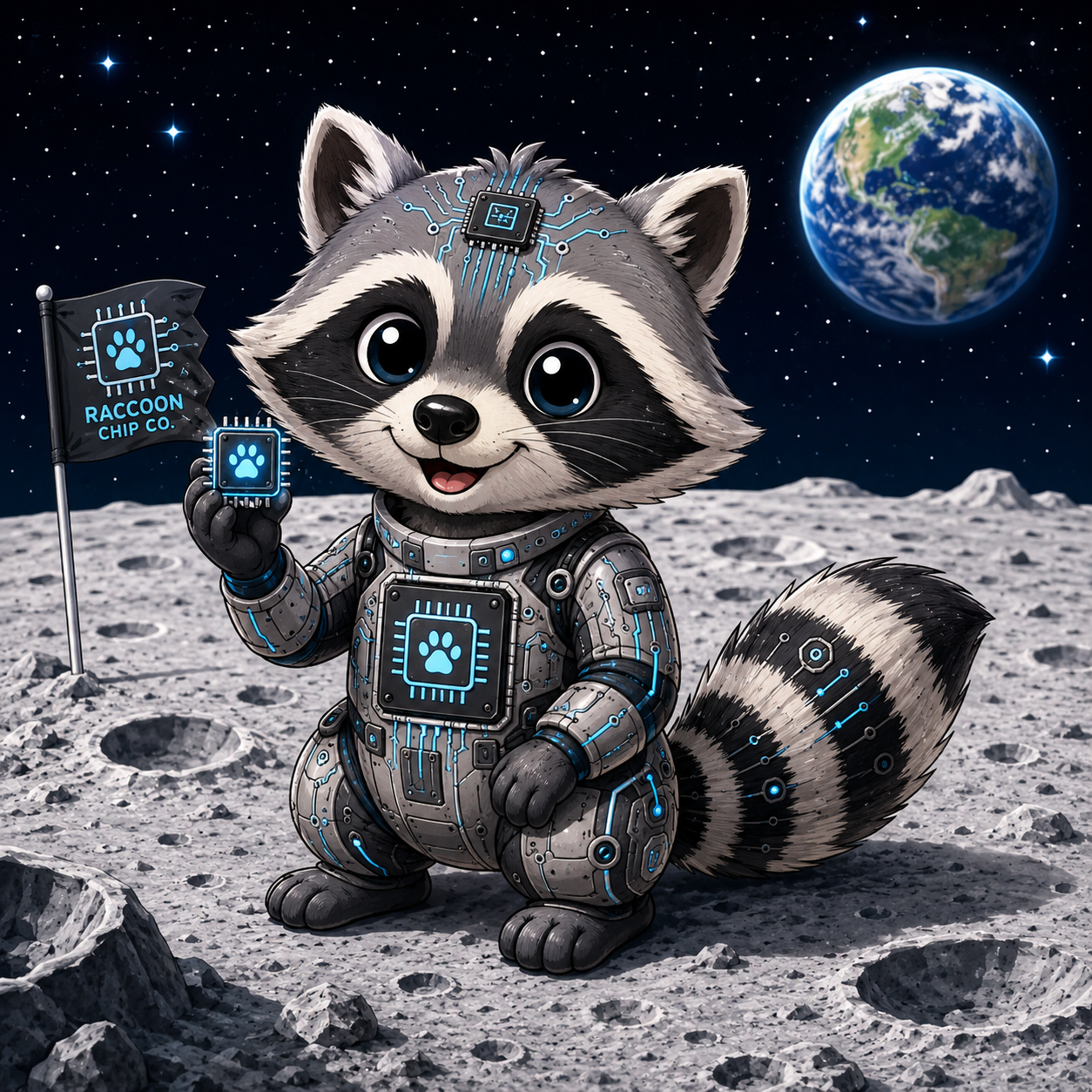 micropchip cartoon racoon moon