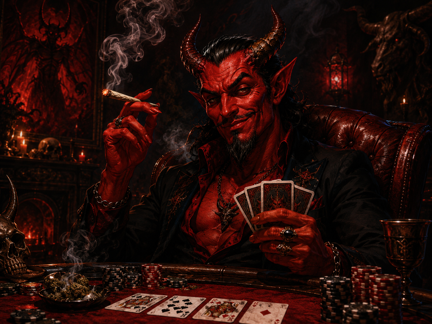 satan smoking weed playing cards