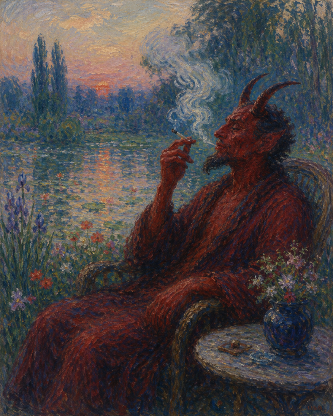 satan smoking weed in the style of monet