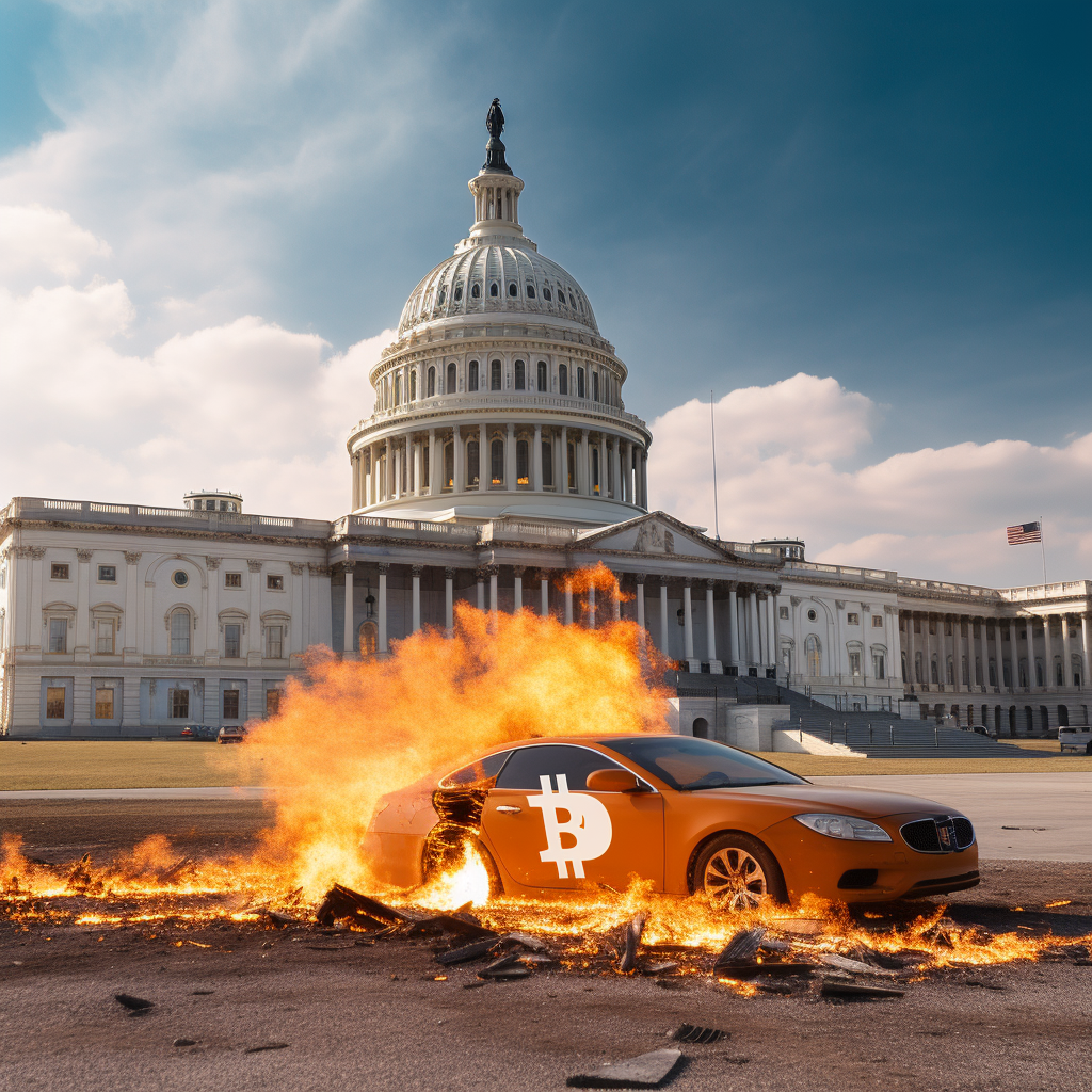 capitol building with huge bitcoin logo fire behin