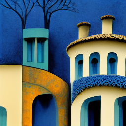 blue buildings and gardens gaudi style