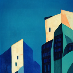 blue buildings cubism with trees