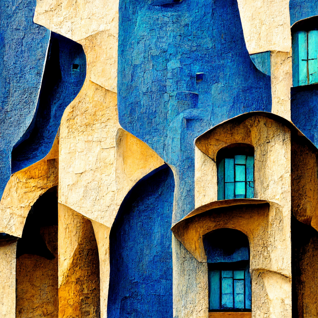 blue buildings gaudi style and cubism
