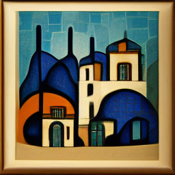 blue buildings with gardens in gaudi cubism