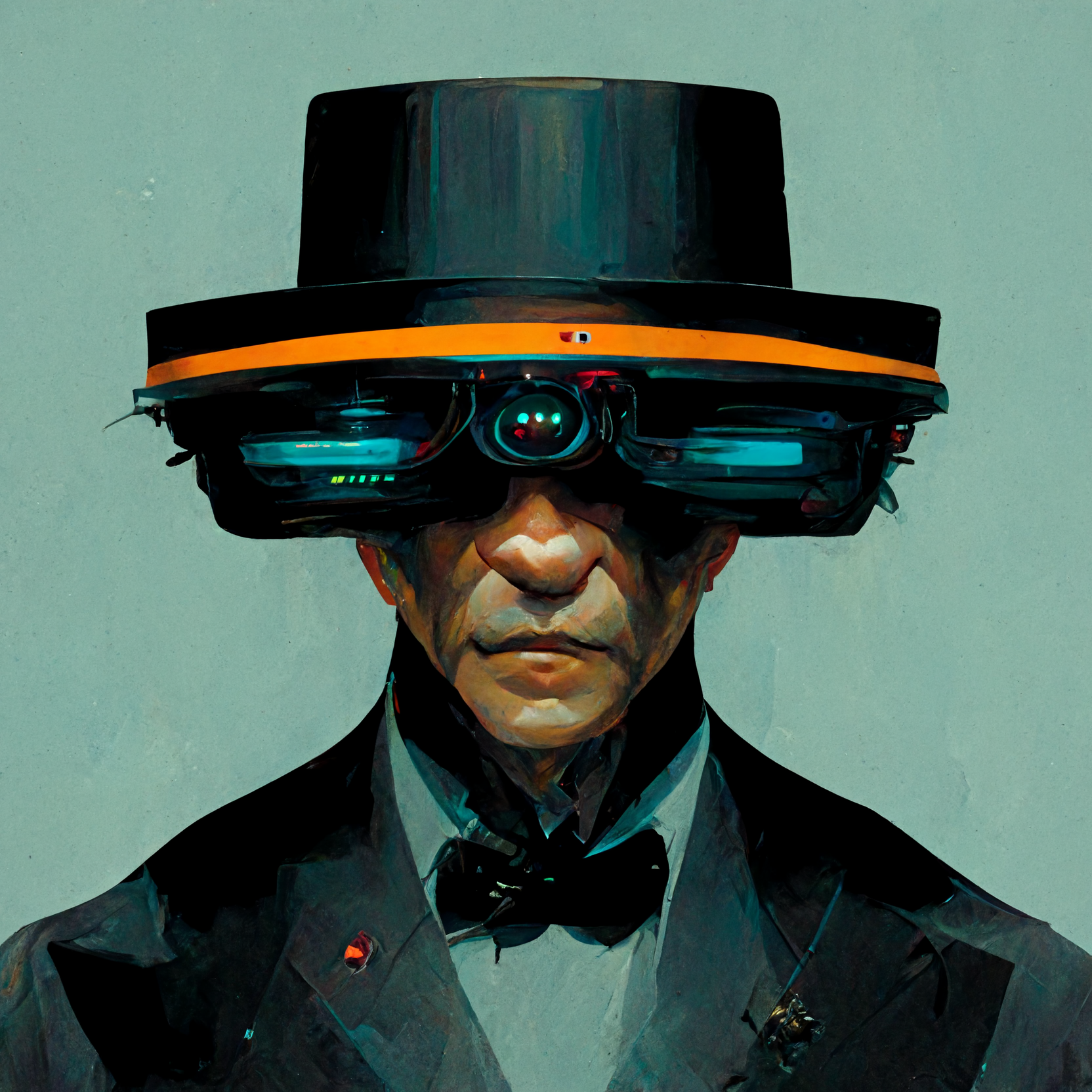 james bond in a top hat with fly goggles in cyberp