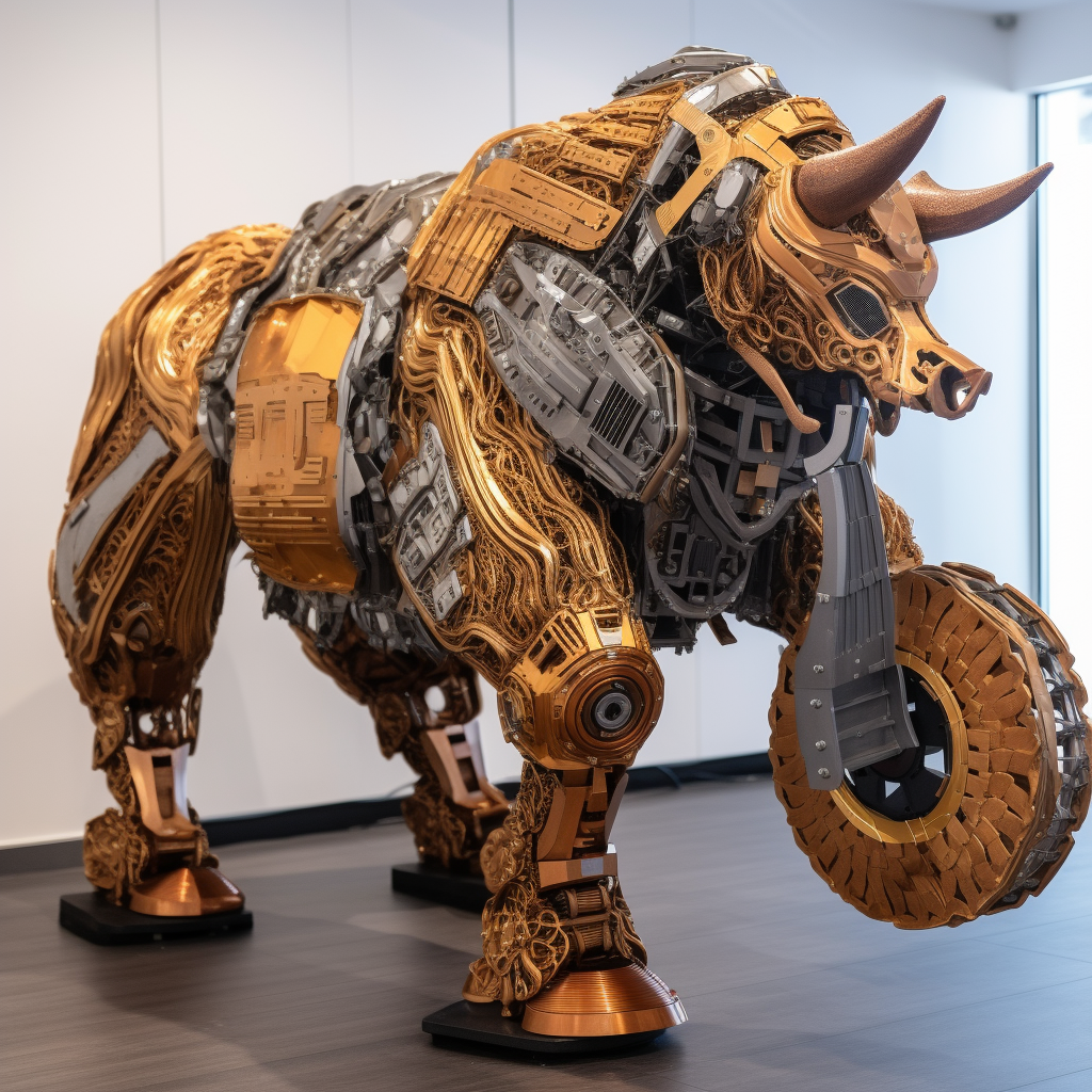 large mechanical robotic bull with a bitcoin logo