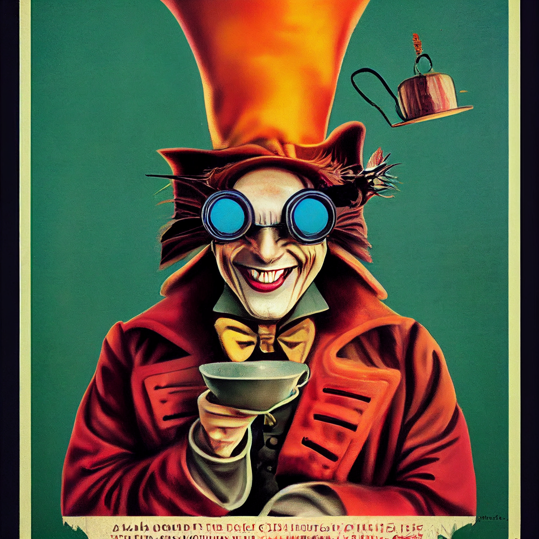 mad hatter with fly goggles in propaganda poster s