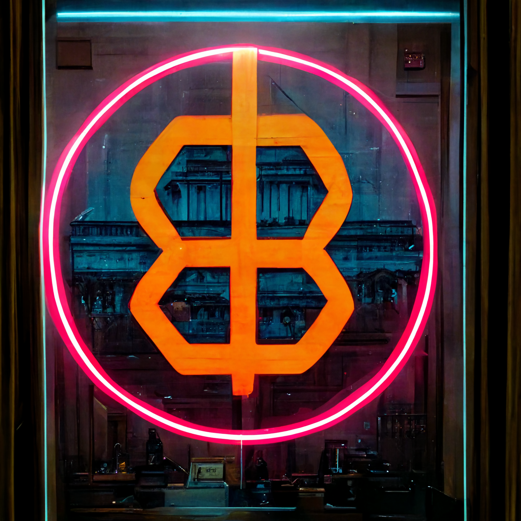 neon bitcoin accepted here logo inside bank window