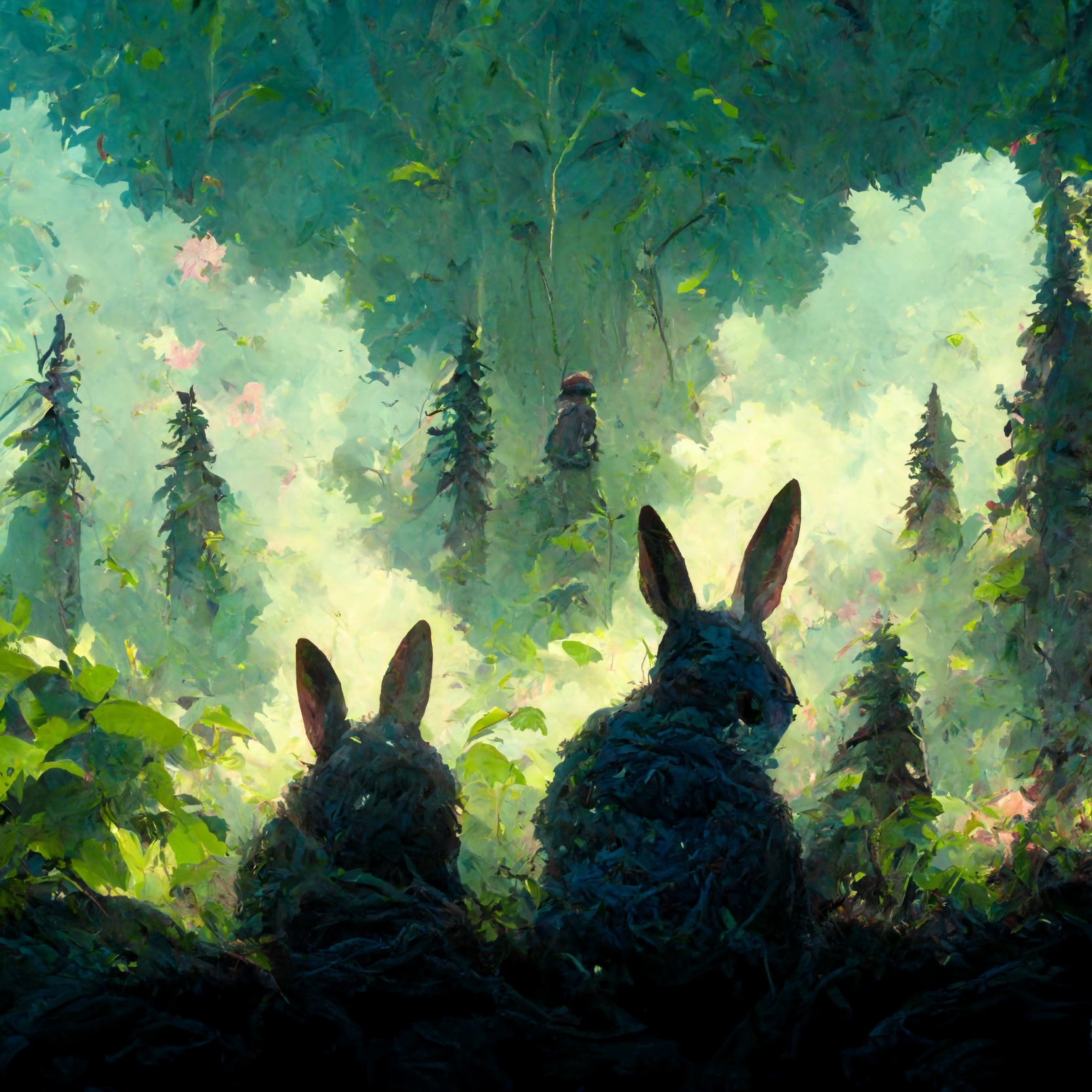 rabbits and forest background