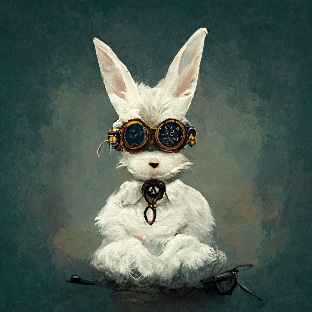 white rabbit with pocketwatch wearing fly goggles