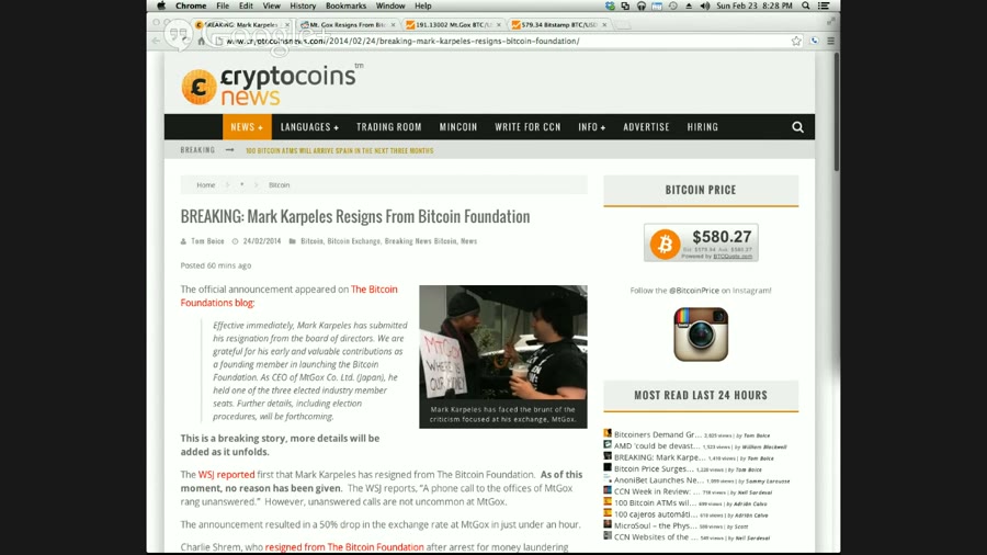 A screen recording of a web browser showing a CryptoCoinsNews article headlined BREAKING: Mark Karpeles Resigns From Bitcoin Foundation, with the Bitcoin price shown as $580.27 in a sidebar and a photograph of a protester holding a sign reading MTGOX WHERE IS OUR MONEY.