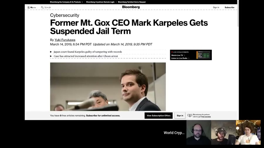 A screen recording showing a Bloomberg article headlined Former Mt. Gox CEO Mark Karpeles Gets Suspended Jail Term, dated March 14 2019, with three panellists visible in video tiles along the bottom right.