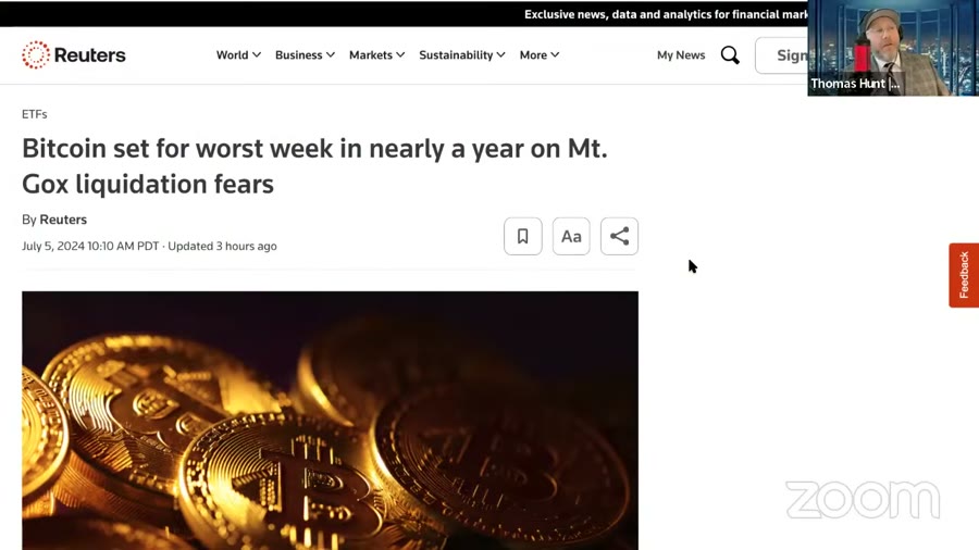 A screen recording showing a Reuters article headlined Bitcoin set for worst week in nearly a year on Mt. Gox liquidation fears, dated July 5 2024, with a small Zoom video tile in the corner labelled Thomas Hunt.