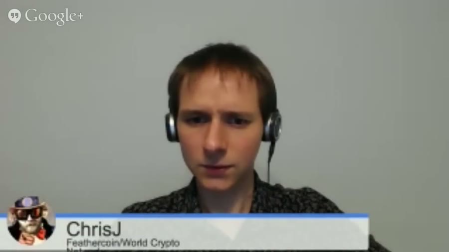 A Google+ Hangout video tile showing a young man wearing headphones, with a lower-third caption reading ChrisJ, Feathercoin slash World Crypto Network.