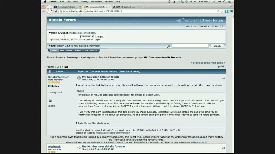 A screen recording of the Bitcoin Forum showing a thread titled Mt. Gox user details for sale, dated March 9 2014, containing a quoted advertisement offering the Mt. Gox customer database for 100 BTC.