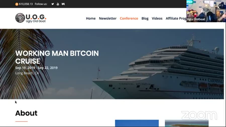 The U.O.G. website showing a cruise ship and the heading
       WORKING MAN BITCOIN CRUISE, Sep 19 2019 to Sep 22 2019, Long Beach CA.