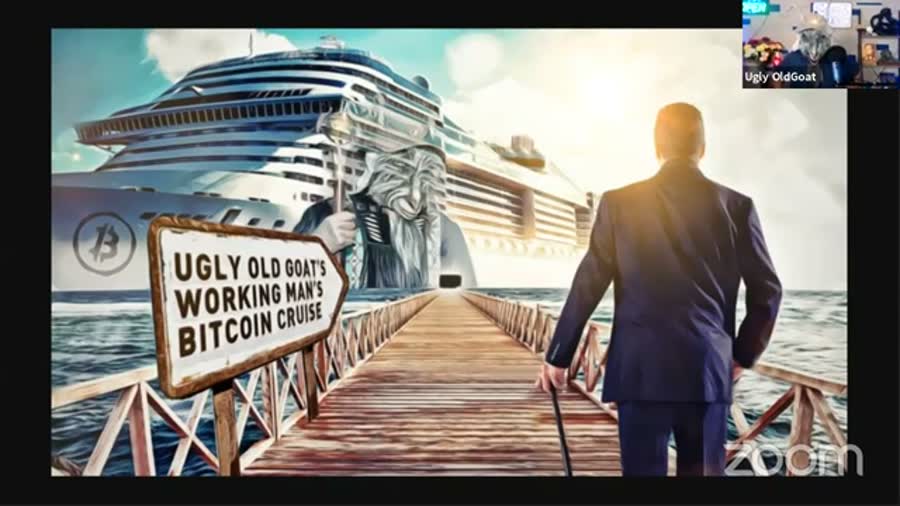 Promotional artwork: a man in a suit carrying a staff walks
       down a pier towards a cruise ship with a goat's face on the bow, past a sign reading Ugly Old
       Goat's Working Man's Bitcoin Cruise.