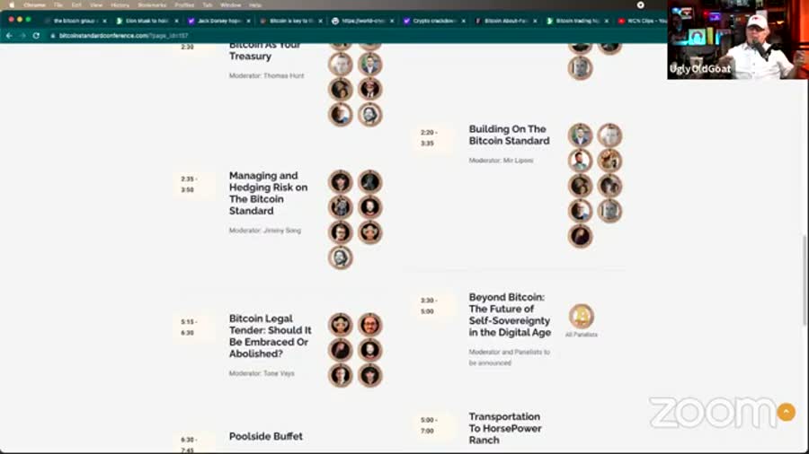 A browser showing bitcoinstandardconference.com with a
       timetable of panels and their moderators, with a small webcam window of the Ugly Old Goat in
       the corner.