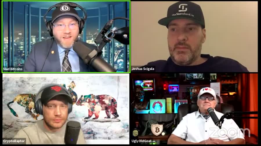 A four-way video call grid; bottom right, an older man in a white shirt and cap labelled Ugly Old Goat.
