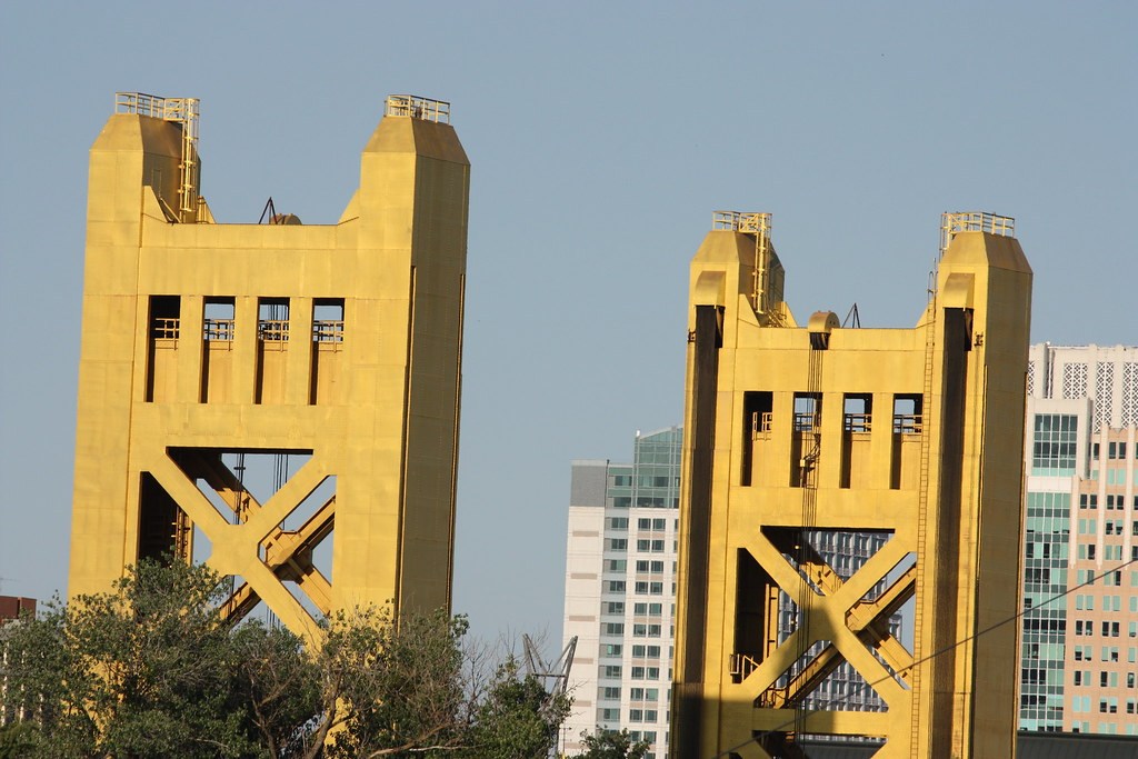 Two golden bridge towers rise above green trees with city buildings behind them.